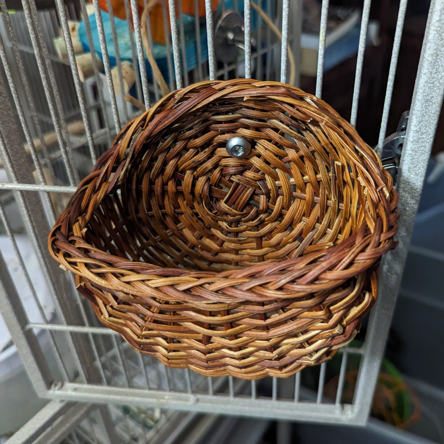 Toy Basket for foot toys by Lil Monsters Bird Toys, shown mounted to a cage for usage example