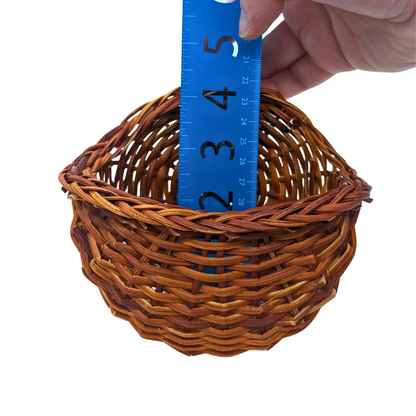 Toy Basket for foot toys by Lil Monsters Bird Toys, with a ruler inside to show the depth