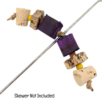 Trio by Lil Monsters Bird Toys. Shown on a skewer as an example of use. Text overlay says Skewer Not Included. 