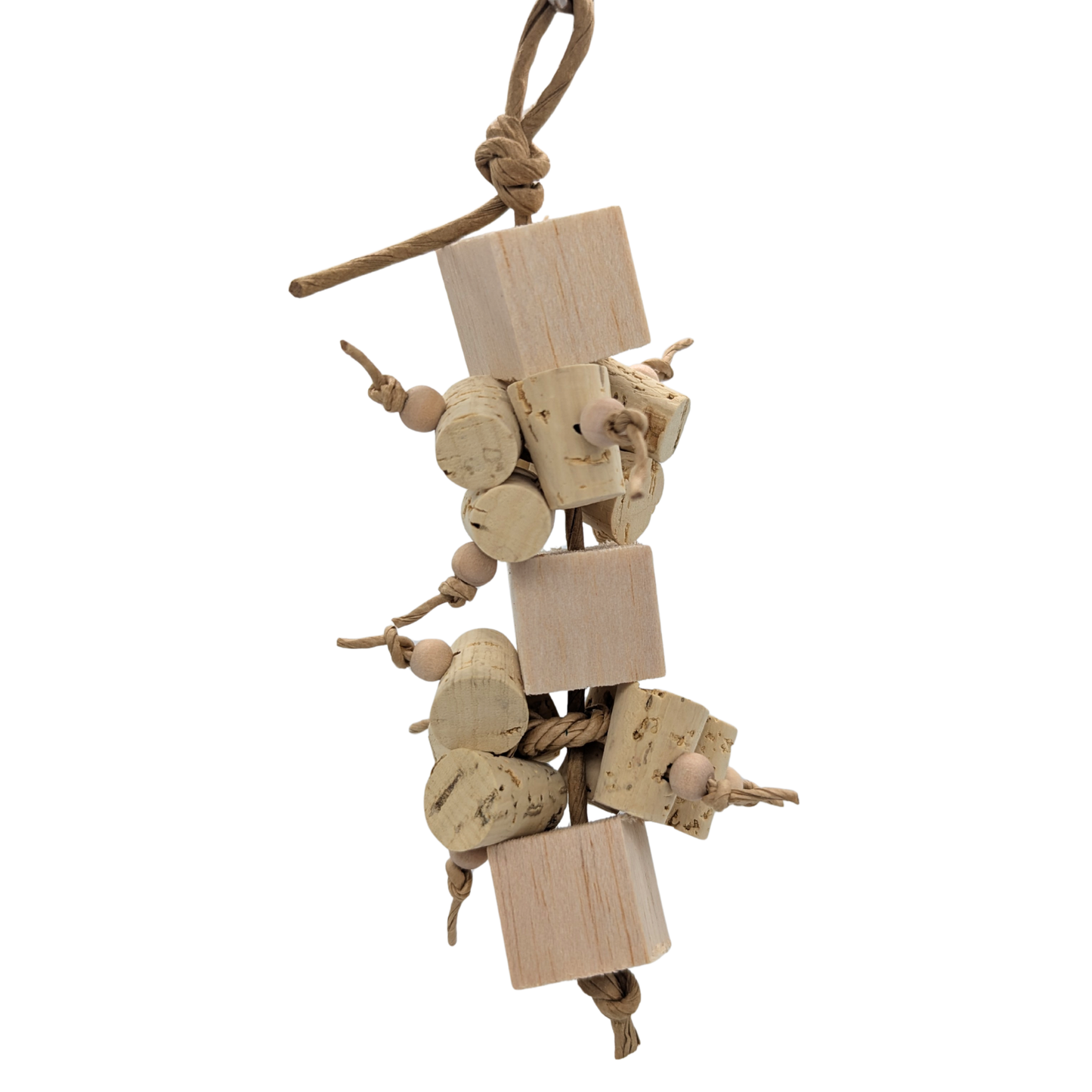 Uncorked by Lil Monsters Bird Toys. Made with balsa cubes, small cork stoppers, and 8mm wood beads on paper rope. 
