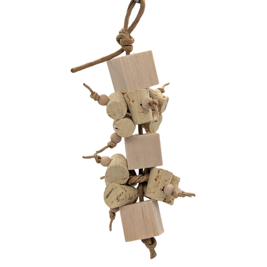 Uncorked by Lil Monsters Bird Toys. Made with balsa cubes, small cork stoppers, and 8mm wood beads on paper rope. 