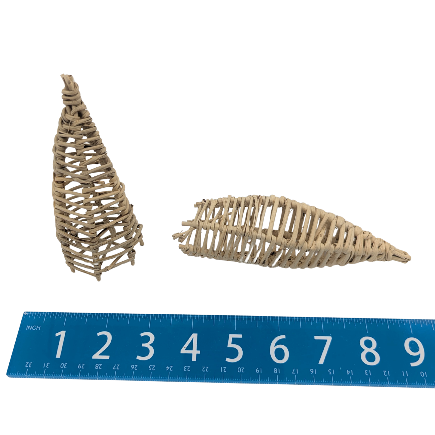 Vine Rockets (2 Pack) by Lil Monsters Bird Toys, next to ruler for scale