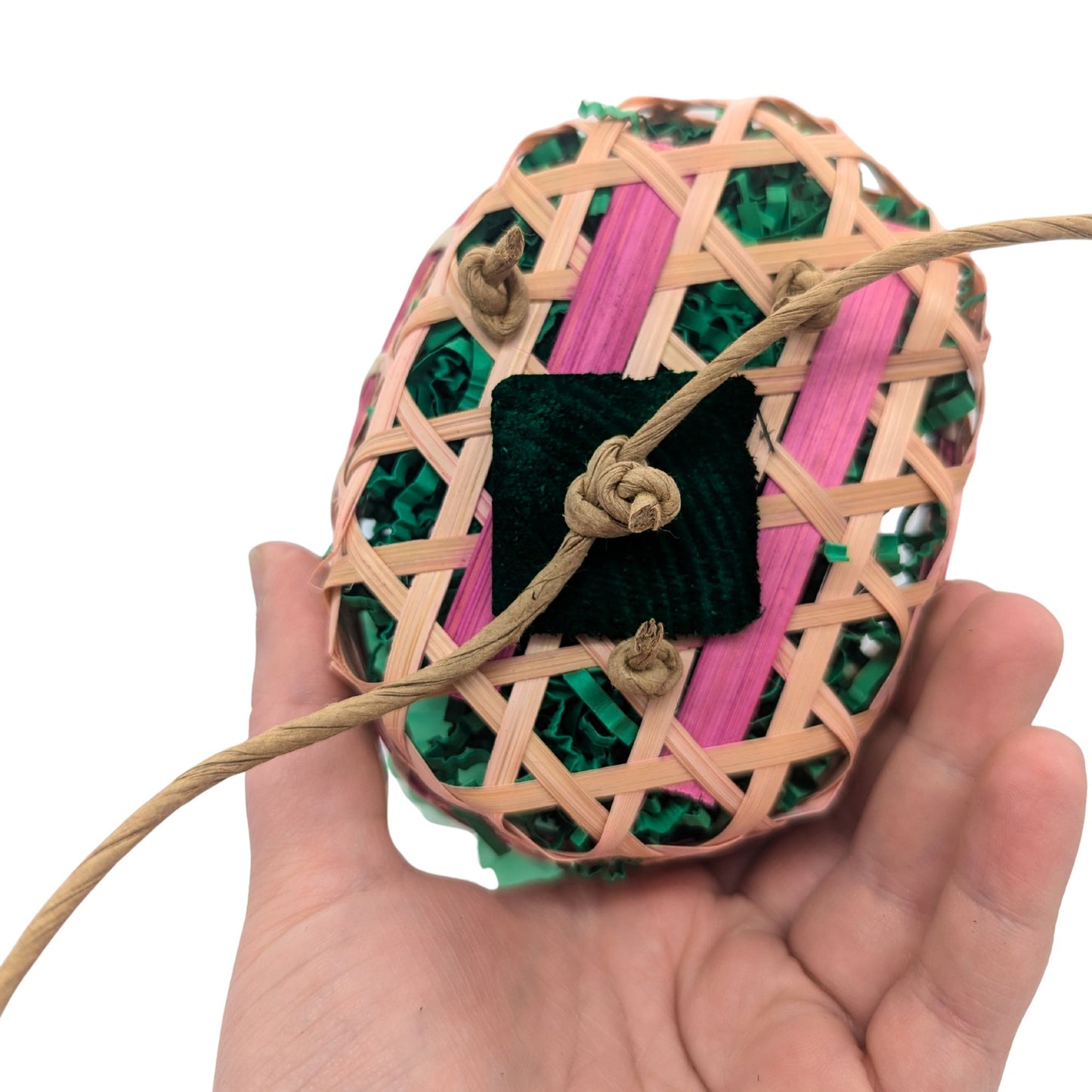 Wildflowers parrot toy for Lil Monsters Bird Toys, back view to show the rope that ties the basket to the cage. 