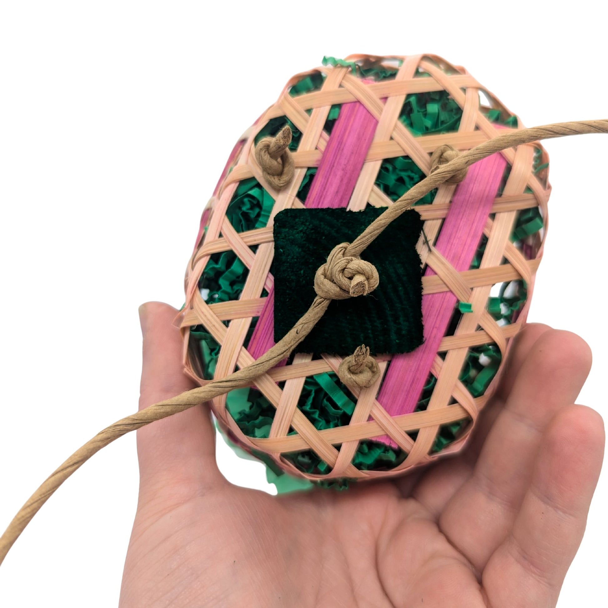 Wildflowers parrot toy for Lil Monsters Bird Toys, back view to show the rope that ties the basket to the cage. 