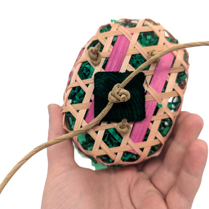 Wildflowers parrot toy for Lil Monsters Bird Toys, back view to show the rope that ties the basket to the cage. 