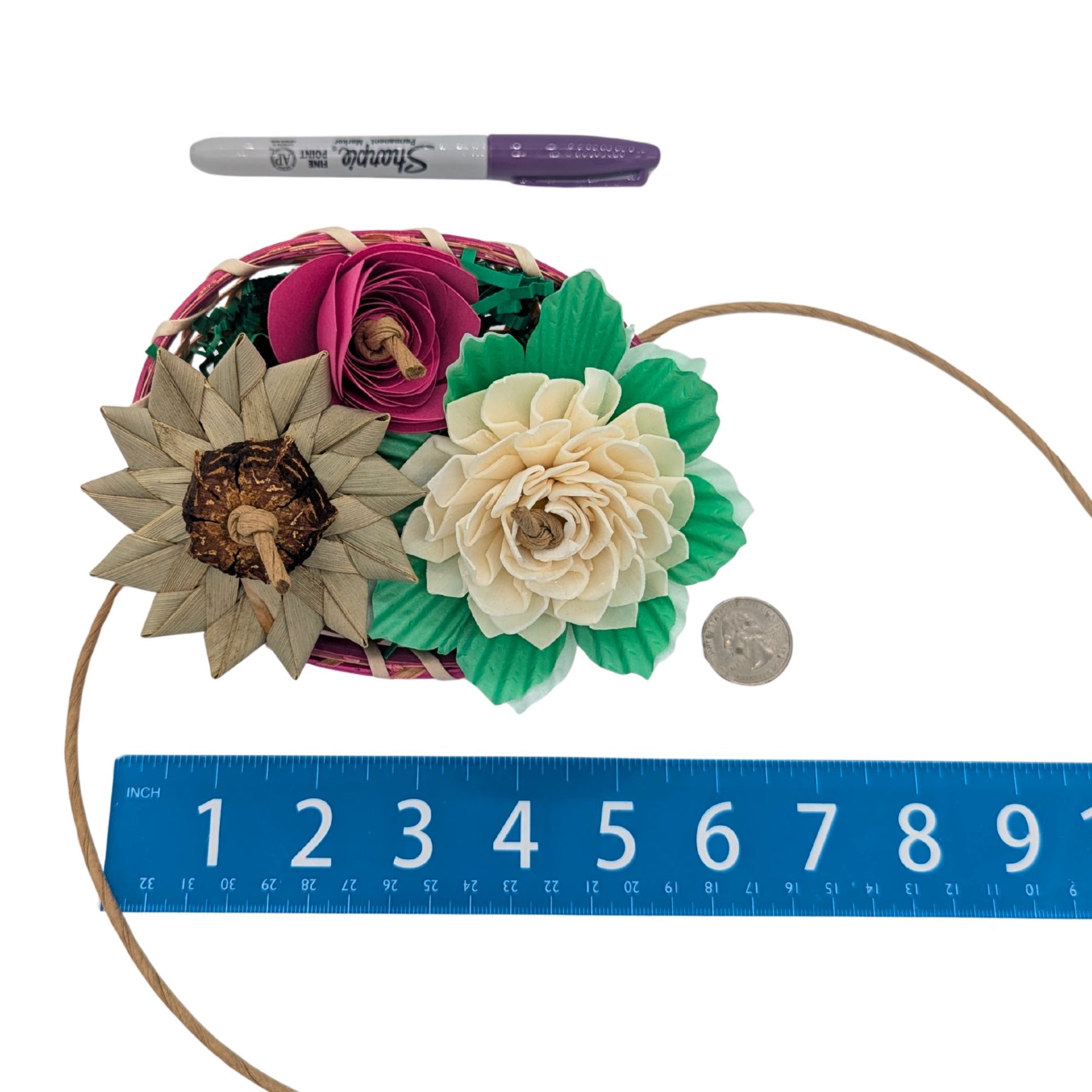 Wildflowers by Lil Monsters Bird Toys. Shown next to a US quarter, sharpie marker, and ruler for scale. 