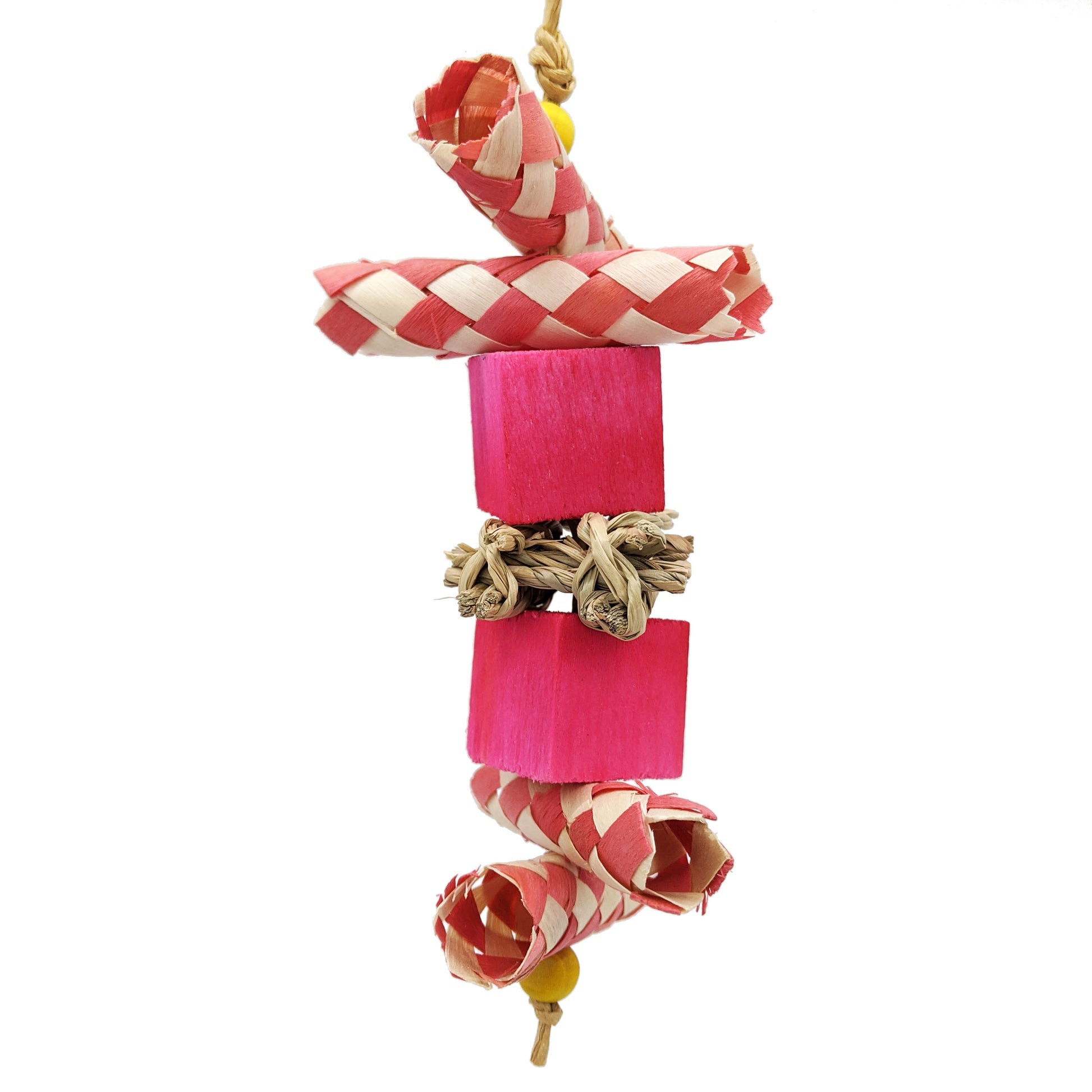 Argyle by Lil Monsters Bird Toys. Made with balsa, finger traps, and seagrass. Pink coloration. 