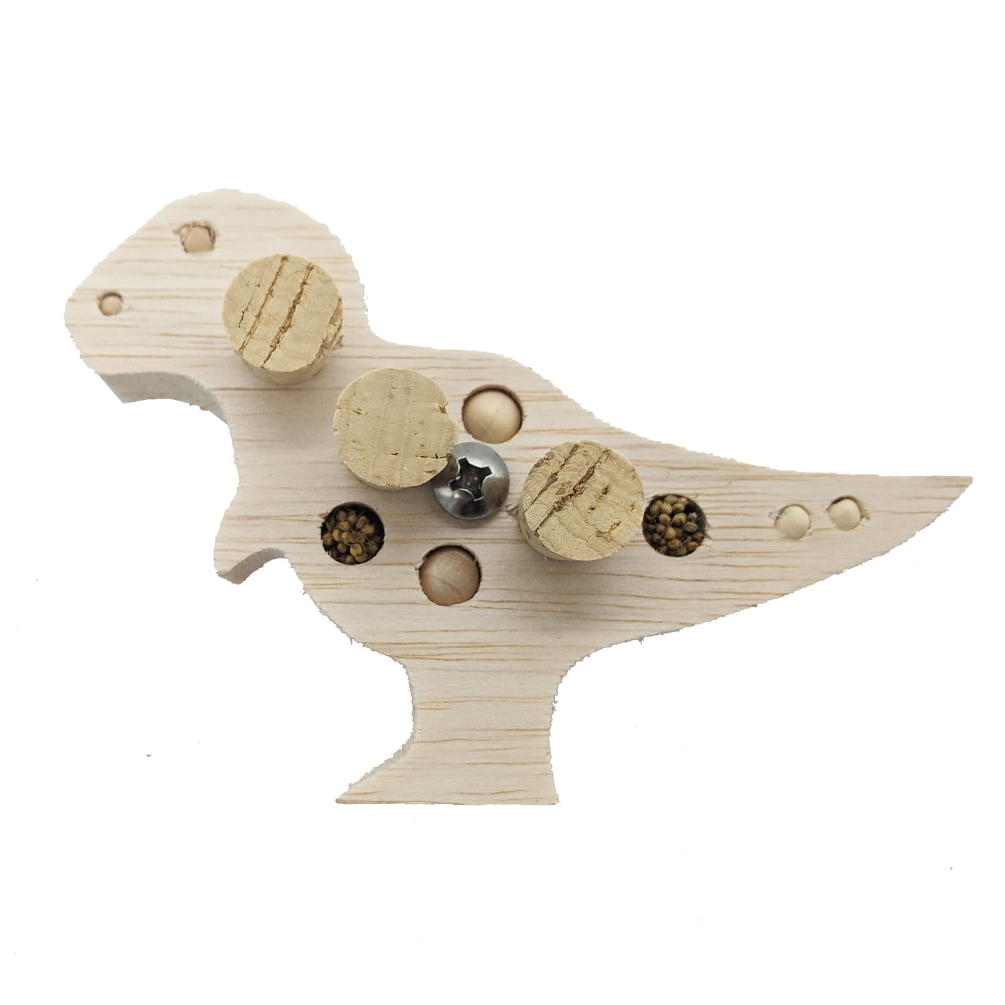 Balsasaurus Rex by Lil Monsters Bird Toys. A piece of balsa cut into the shape of a t-rex dinosaur. Embedded with cork stoppers, beads, and millet. Shown in an undyed color scheme.