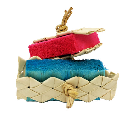 Balsa Sandwich by Lil Monsters Bird Toys. Made with a half inch thick balsa slats, with woven palm strips held on either side with paper rope.  Two are pictured. 