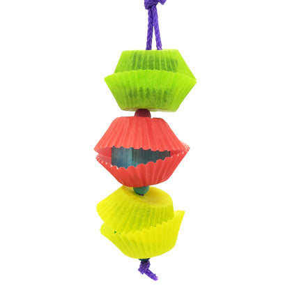 Balsa Surprise by Lil Monsters Bird Toys. Toy made for small birds with balsa blocks and mini cupcake liners. 