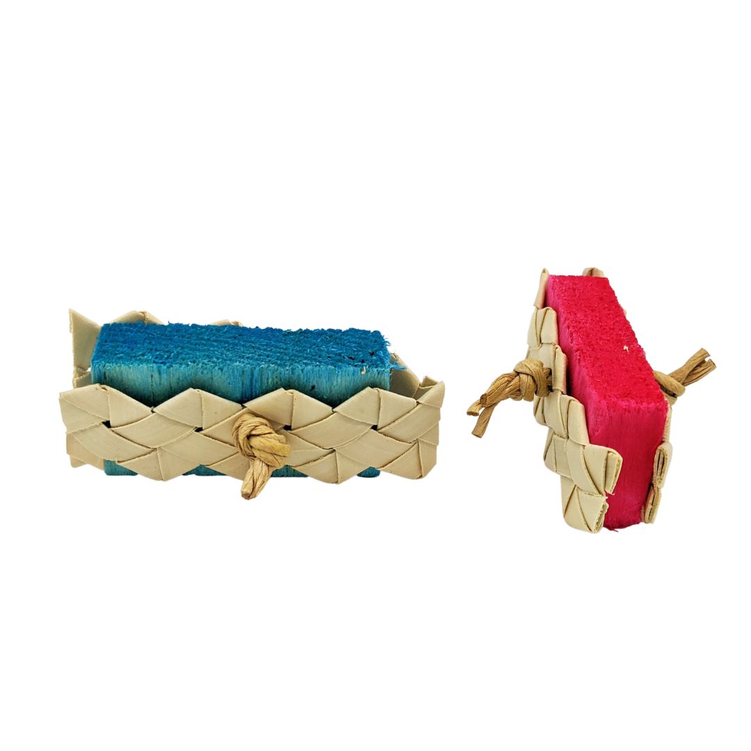Two foot toys for parrots. Made with a half inch thick balsa slats, with woven palm strips held on either side with paper rope. Shown with one sideways and one facing the camera.