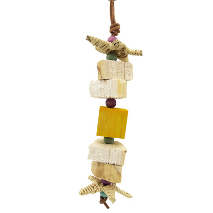 Two vine stars, with 2 sets of yucca with the soft flesh exposed, and a central balsa block. With paper rope and wood beads. 