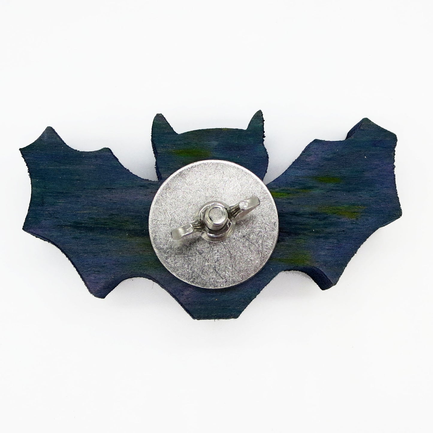 A bat shaped piece of pine. A Halloween themed toy for small parrots such as conures, cockatiels. budgies, parakeets, ringnecks and more. Shown with stainless steel hardware .