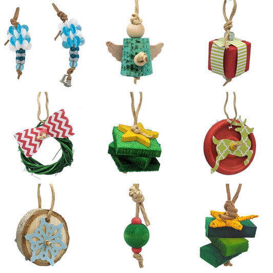 An assortment of Christmas ornaments made with bird safe materials