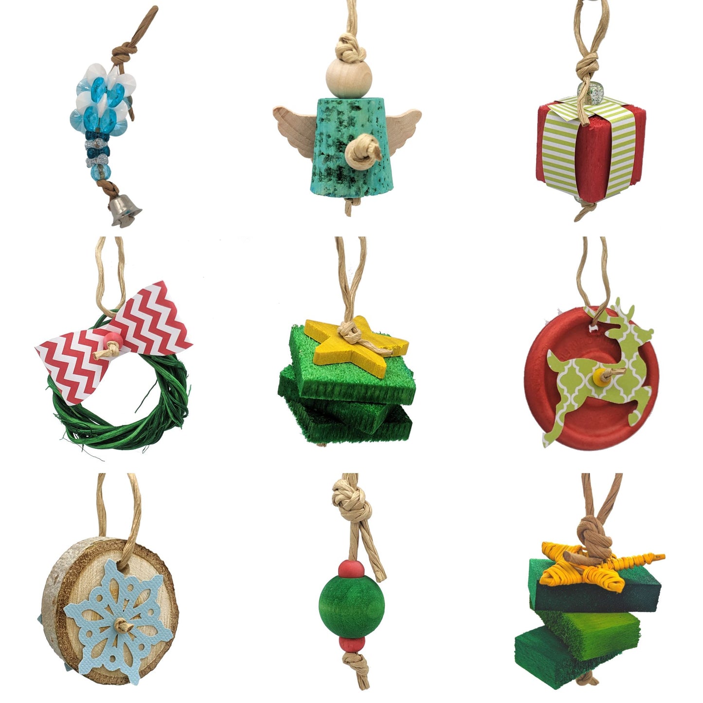 An assortment of Christmas ornaments made with bird safe materials