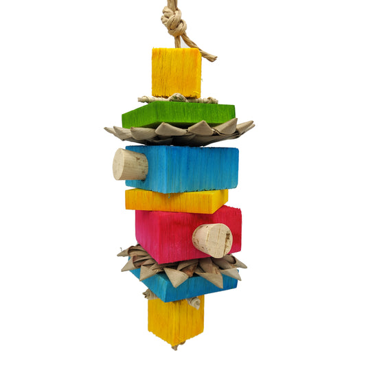 Frondly Yours by Lil Monsters Bird Toys. A colorful parrot toy made with balsa, vine, palm, and cork stoppers. 