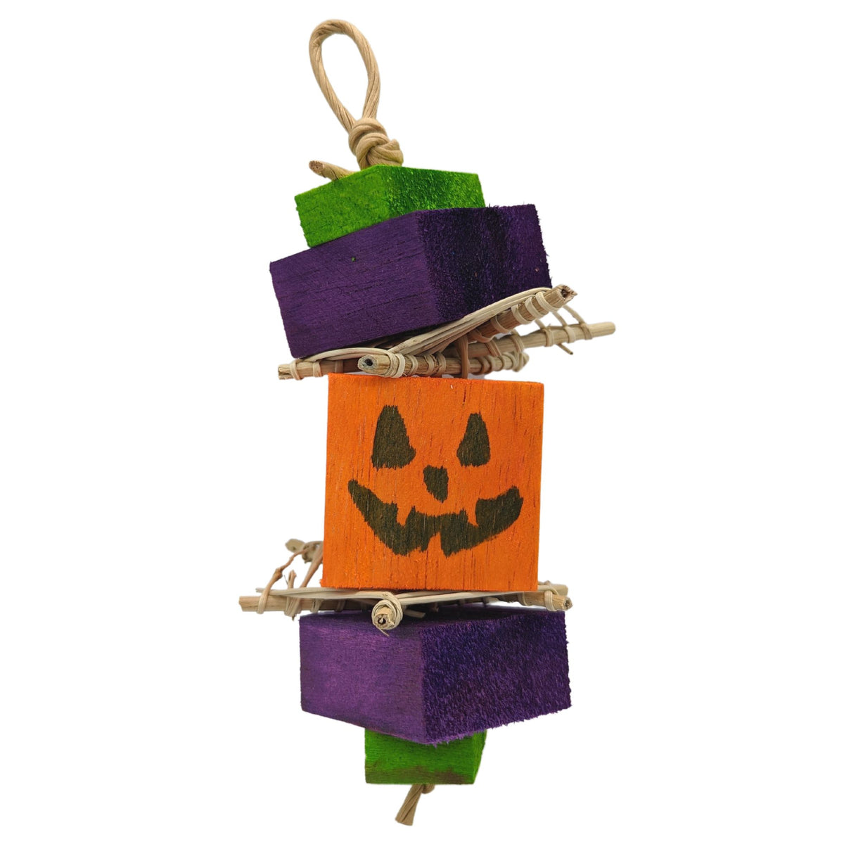 Gourdy by Lil Monsters Bird Toys. Made with Halloween themed balsa blocks and vine spider webs.