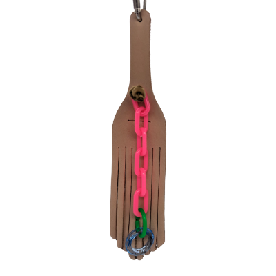 Leather Duster by Lil Monsters Bird Toys. A bird toy with a leather base and plastic chain and charms