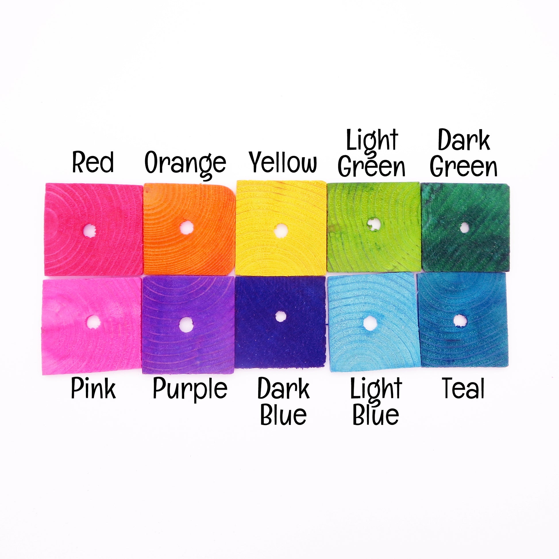 Showing examples of our current dye colors available: Red, Orange, Yellow, Light Green, Dark Green, Pink, Purple, Dark Blue, Light Blue, Teal. 