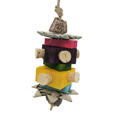 Prim by Lil Monsters Bird Toys. Made with balsa, corks, palm, and mahogany pod slices. 