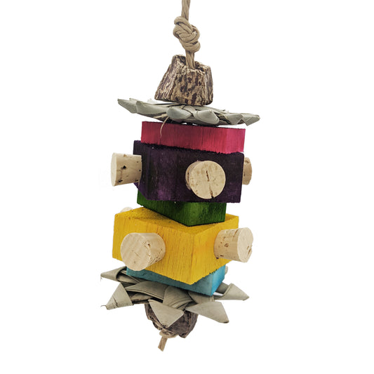 Prim by Lil Monsters Bird Toys. Made with balsa, corks, palm, and mahogany pod slices. 