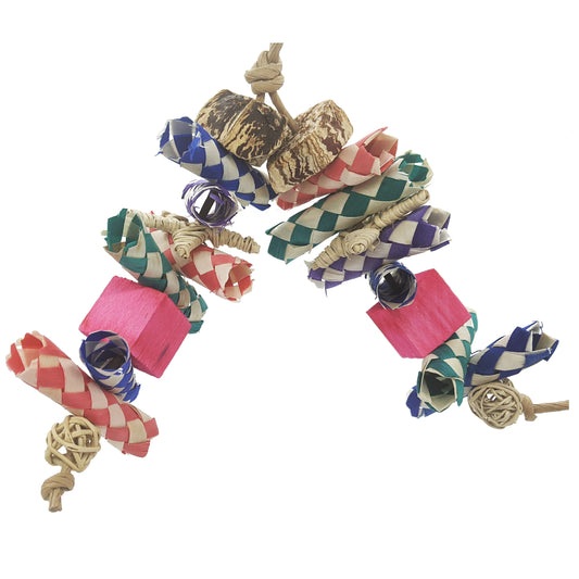 Remi by Lil Monsters Bird Toys, with palm finger traps, mahogany, vine, and balsa. 