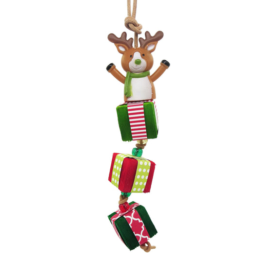 Santa's Helper by Lil Monsters Bird Toys. Made with a vinyl reindeer topper, balsa cubes wrapped in cardstock, and pony beads. 