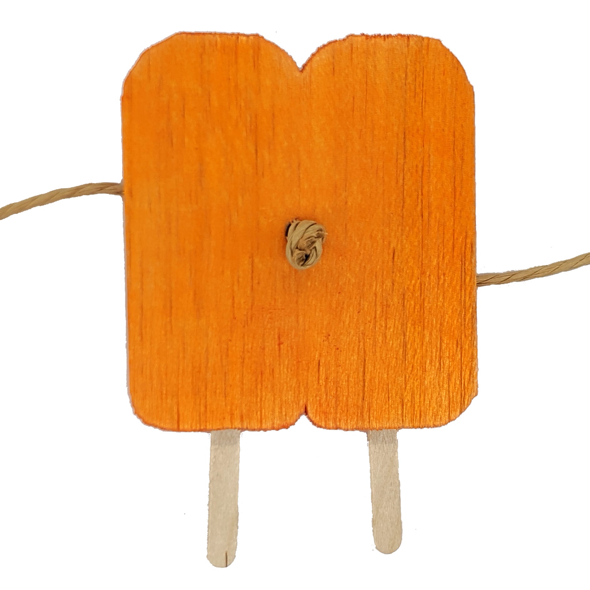 A twin popsicle shaped piece of balsa with popsicle sticks coming out the bottom, and paper rope through the middle