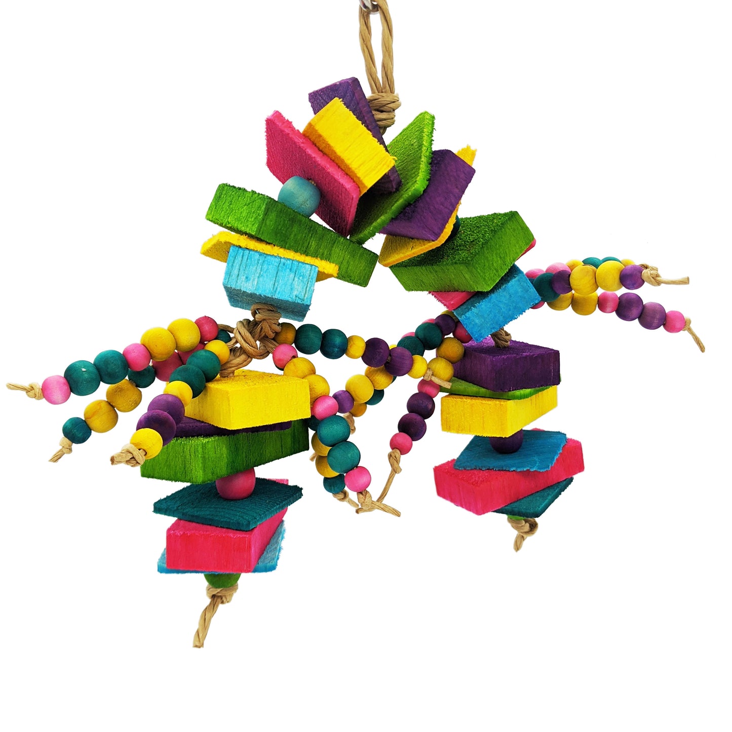 A brightly colored parrot toy. Has alternating sections of 1/8 thin pine with 1/2 inch balsa slats, separated by 1/2 inch wooden barrel beads. In the middle of the toy are two sections of 6 strands each of 8mm and 10mm wooden beads. 