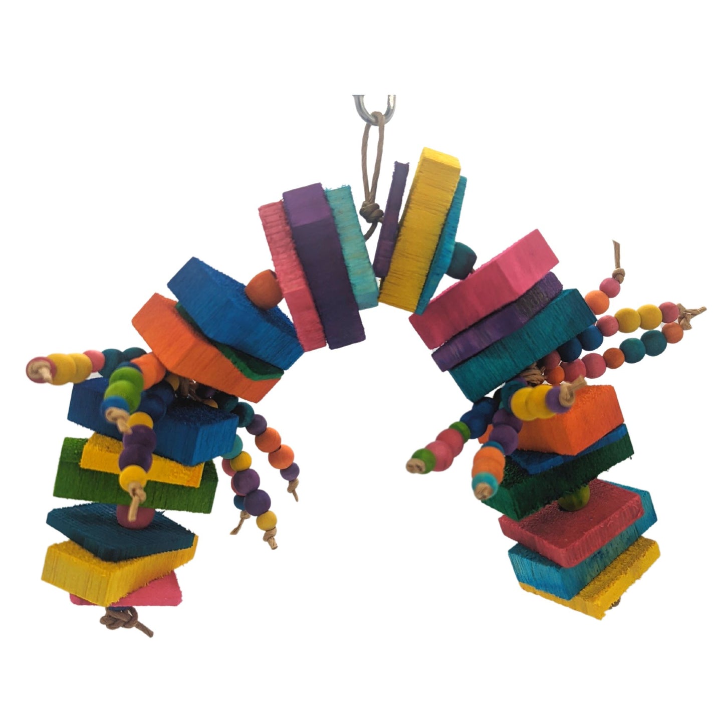 A brightly colored parrot toy. Has alternating sections of 1/4 inch and 1/8 inch thin pine with 1/2 inch balsa slats, separated by 1/2 inch wooden barrel beads. In the middle of the toy are two sections of 6 strands each of 8mm and 10mm wooden beads.