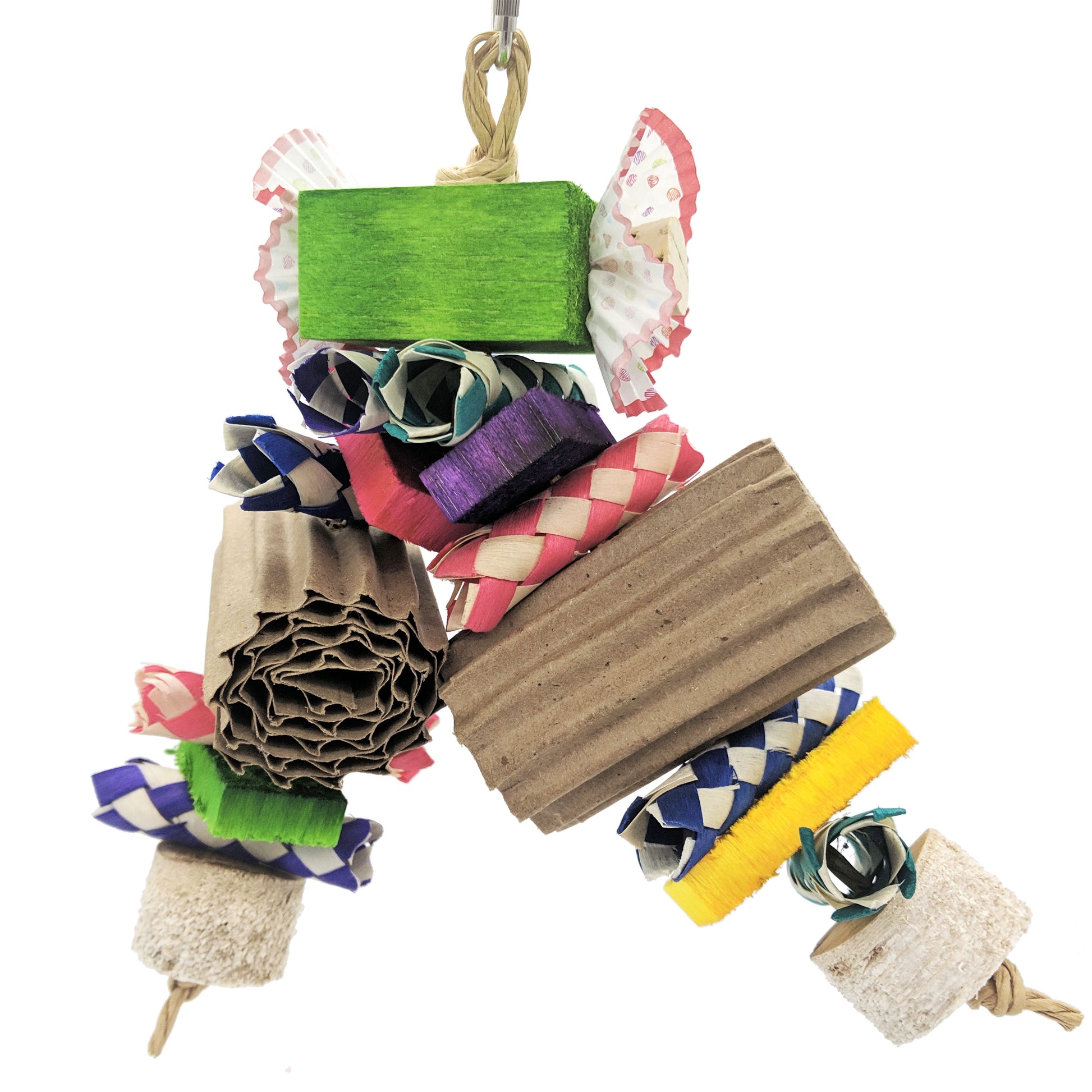 A parrot toy, with a 2 x 2 x 1 inch balsa block at the top. embedded with 2 cork stoppers and cupcake liners. From there on two strands, palm finger traps, half inch balsa slats, rolled corrugated cardboard, and finished with yucca chunks. 