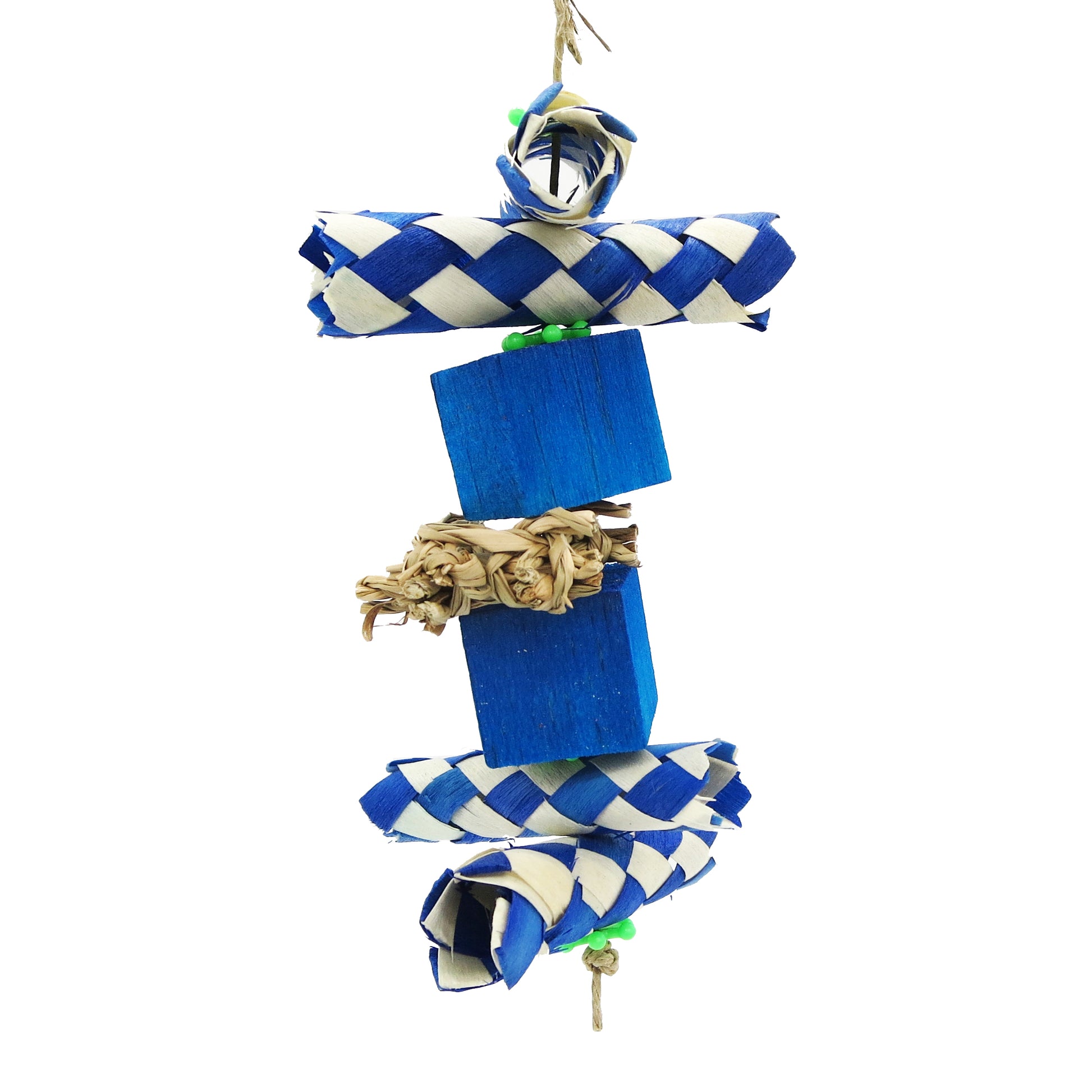 Bird toy with palm finger traps cut in half, two balsa blocks, and a piece of seagrass in the center. Blue coloration. 