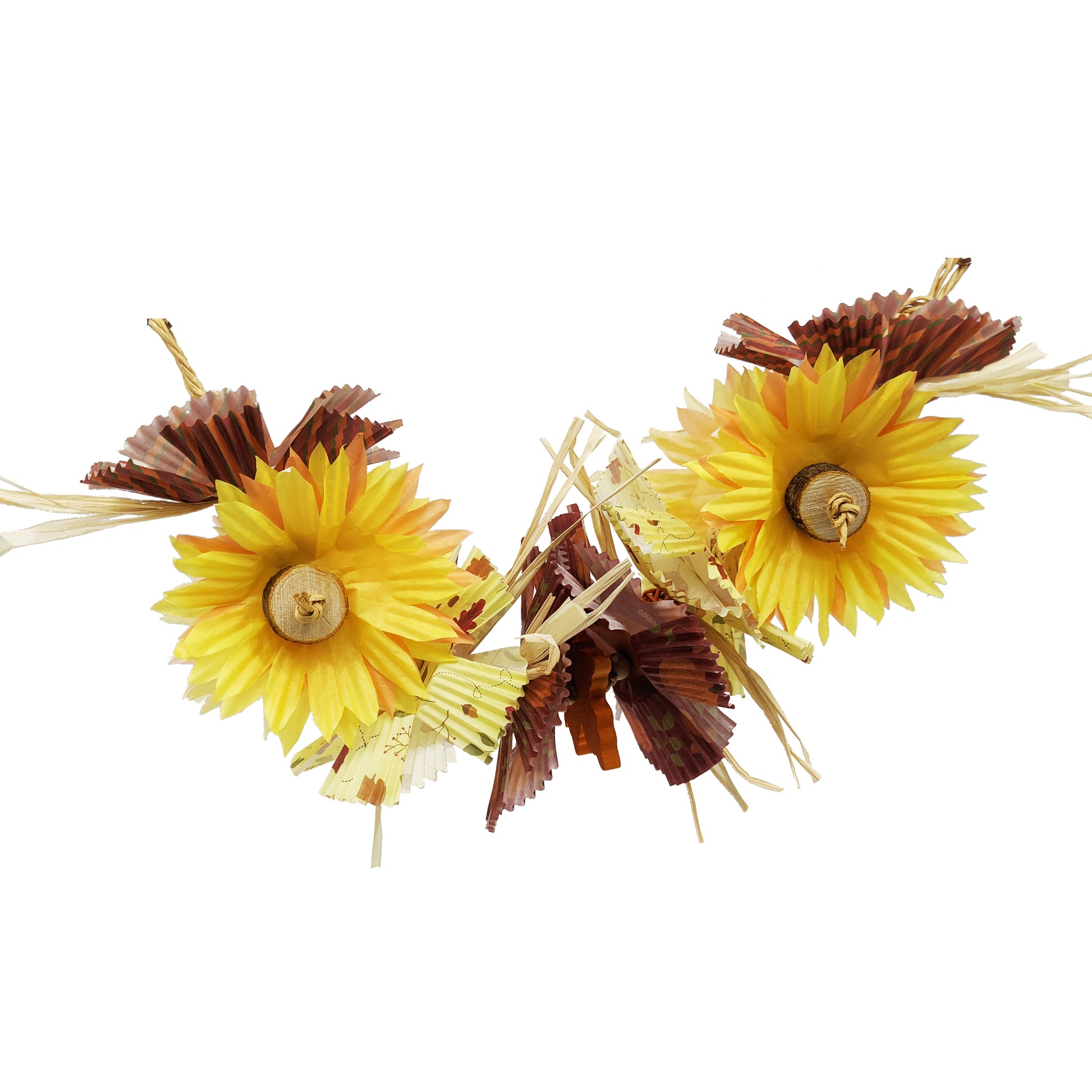 A fall themed bird toy that hangs from both ends like a garland. Has raffia, balsa blocks, and cupcake liners cut and layered to resemble sunflowers.