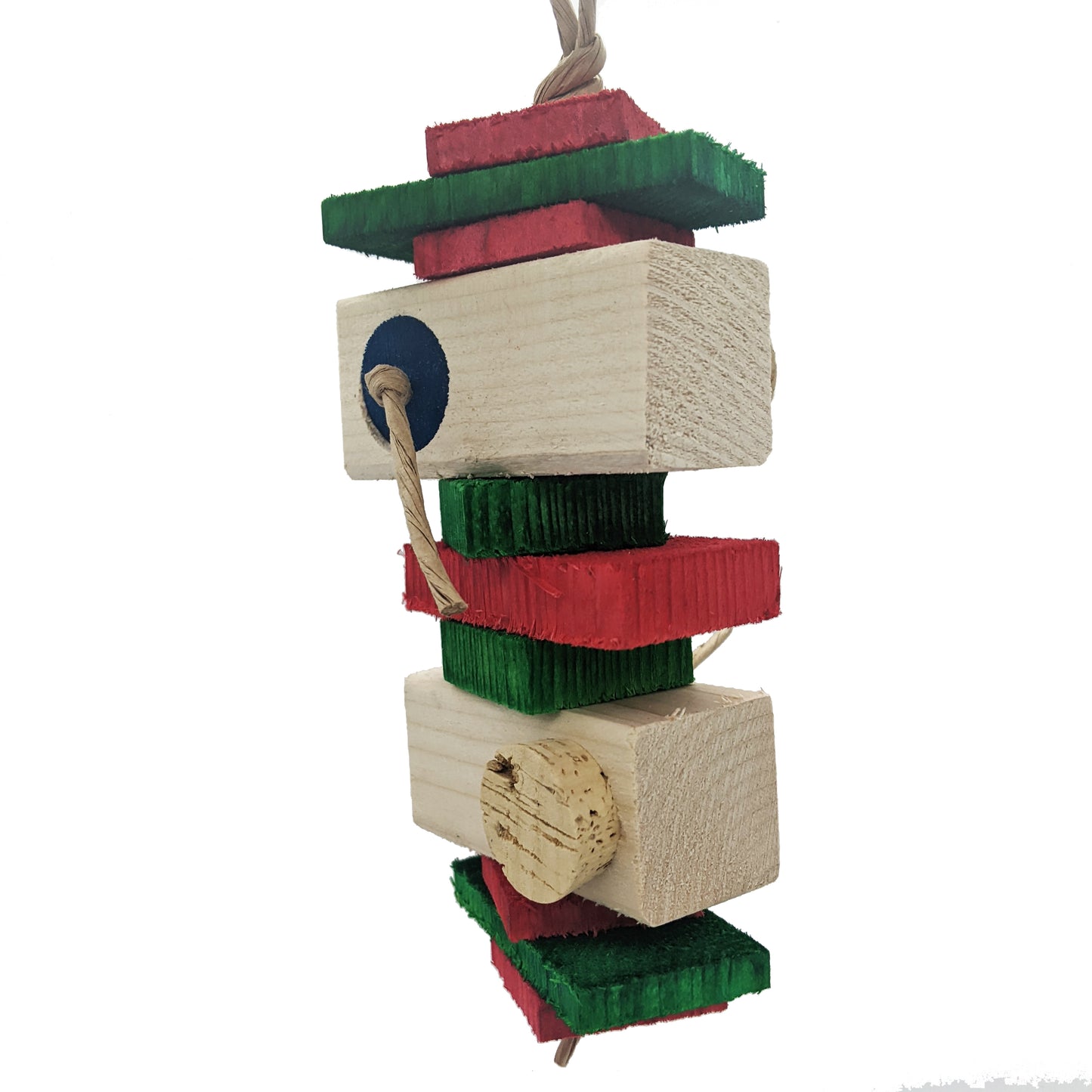 A pine foraging toy for birds. Contains quarter inch and half inch thick pine slats measuring 3 inches and 1.5 inches wide. Also has two blocks measuring 3 inches wide, by 1.5 by 1.5. Each of these blocks has two 1 inch holes drilled into it on alternate sides. Two are plugged with hardwood discs with rope pulls, and two are plugged with natural cork stoppers. 