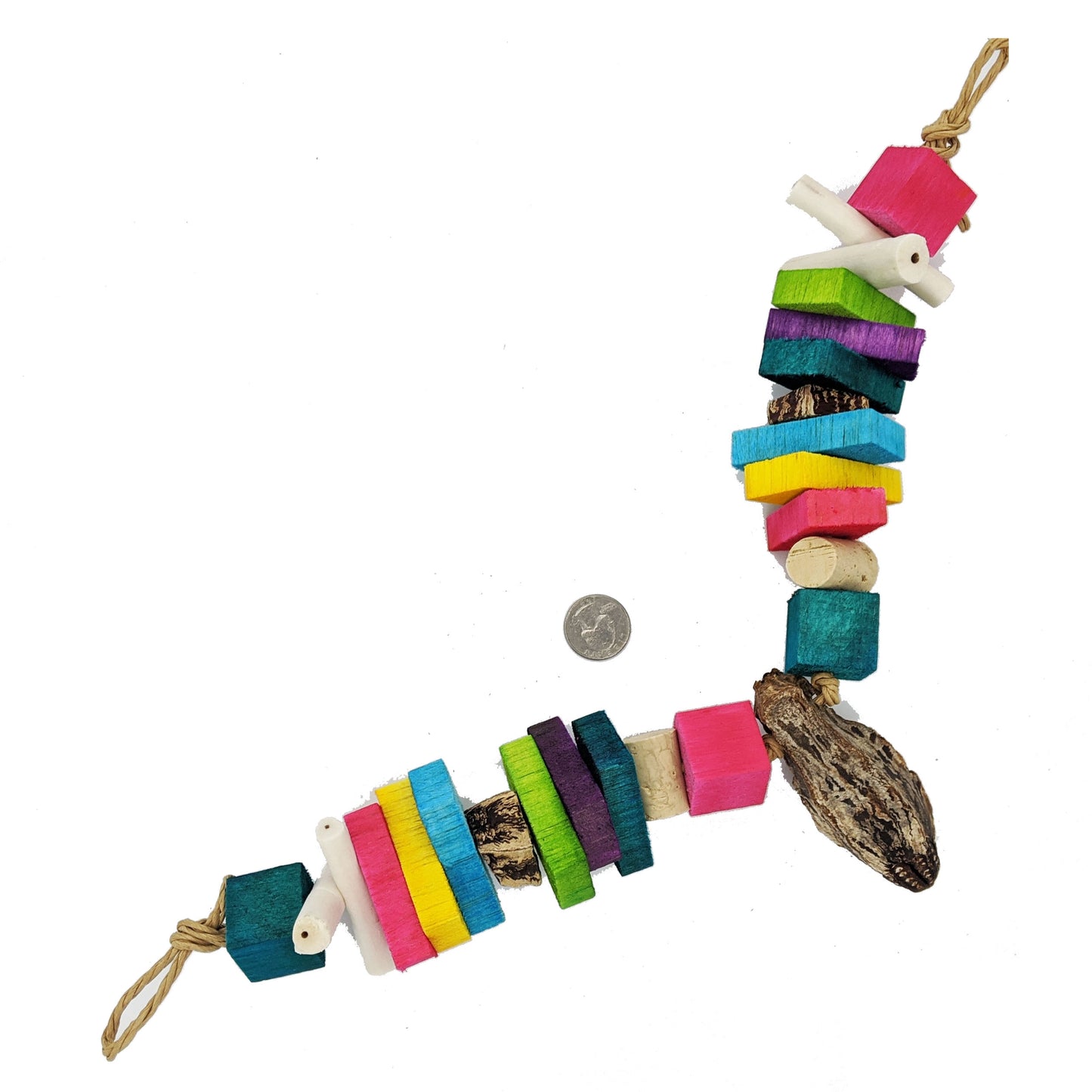 Balsa Garland by Lil Monsters Bird Toys. Shown with US quarter for scale.