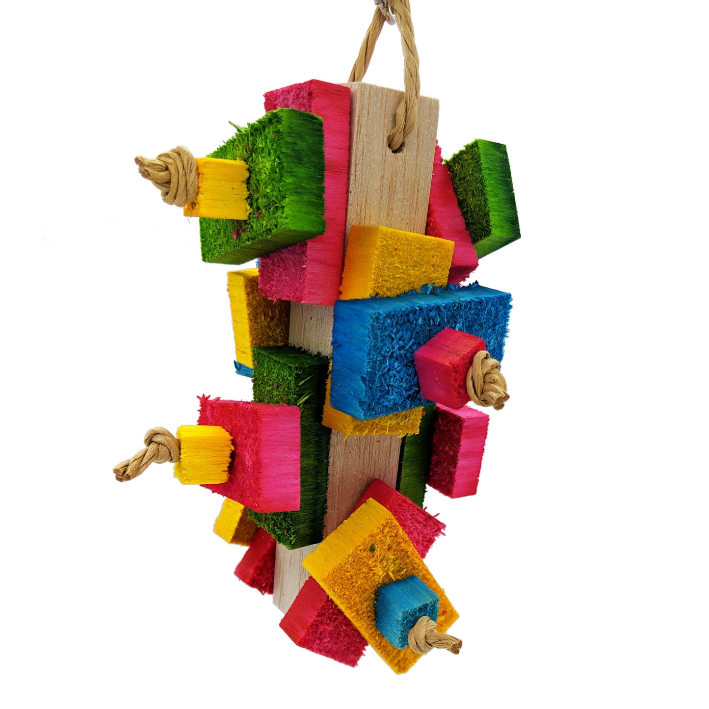 A balsa parrot toy. On a 1 inch by 6 inch base, has 16 half inch balsa slats and 8 half inch balsa cubes attached, 2 sets per side. strung with paper rope. 