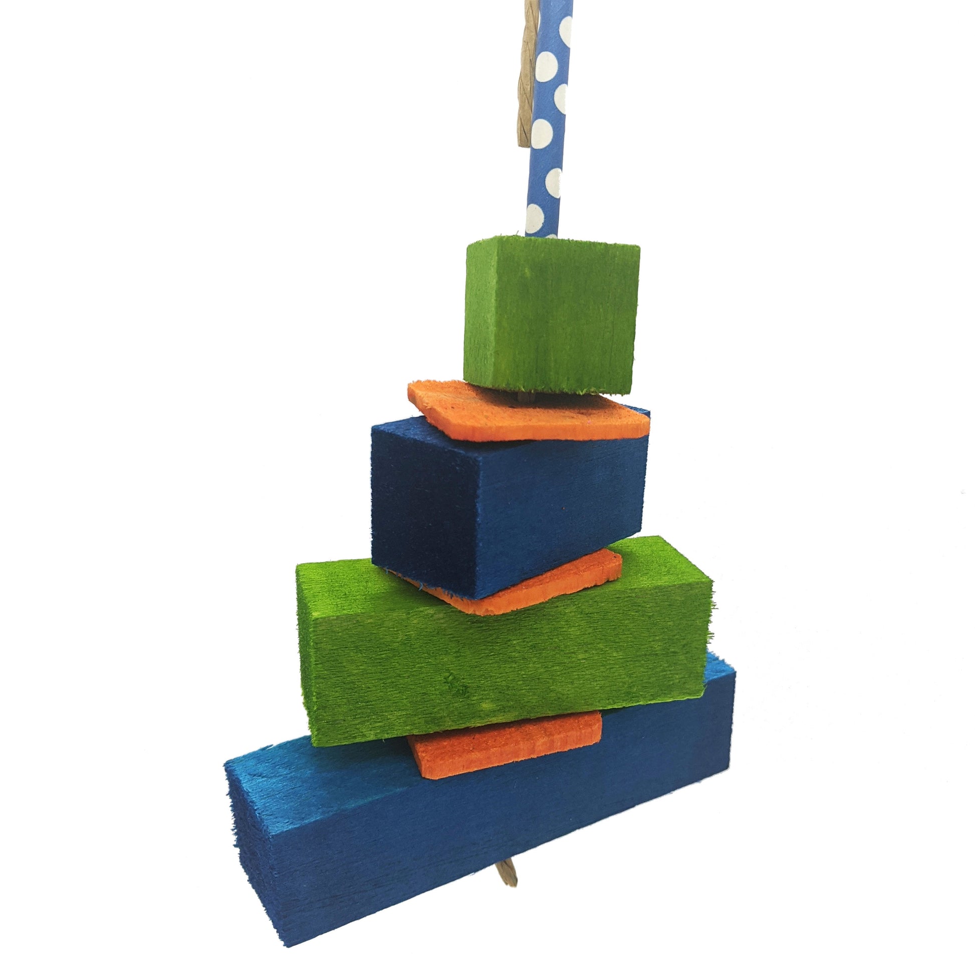 A parrot toy resembling a birthday cake. Has layers made with 1 inch thick balsa, going from 1 inch wide to 4 inch wide, and separated by one-eighth inch thin pine slices. Topped with paper straw candle. Green, blue, and orange color theme. 