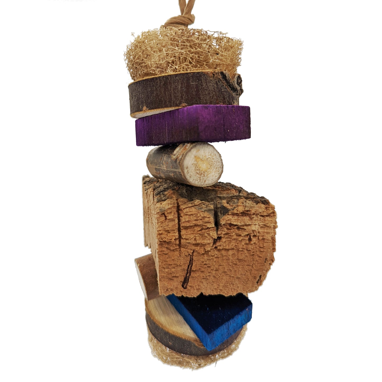 A parrot toy starting with loofah, cottonwood coin, balsa slat, cottonwood log, with a piece of cork bark before it repeats on the other side.