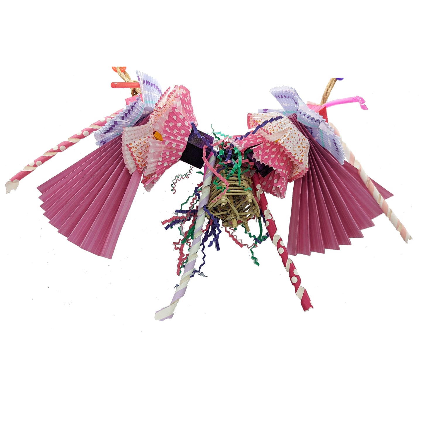 A garland style toy for parrots with cupcake liners, paper straws, and shredded paper, in pink, purple, and yellow colors with various patterns. Includes balsa blocks, a vine party hat, and strung on paper rope. Pine and purple coloration