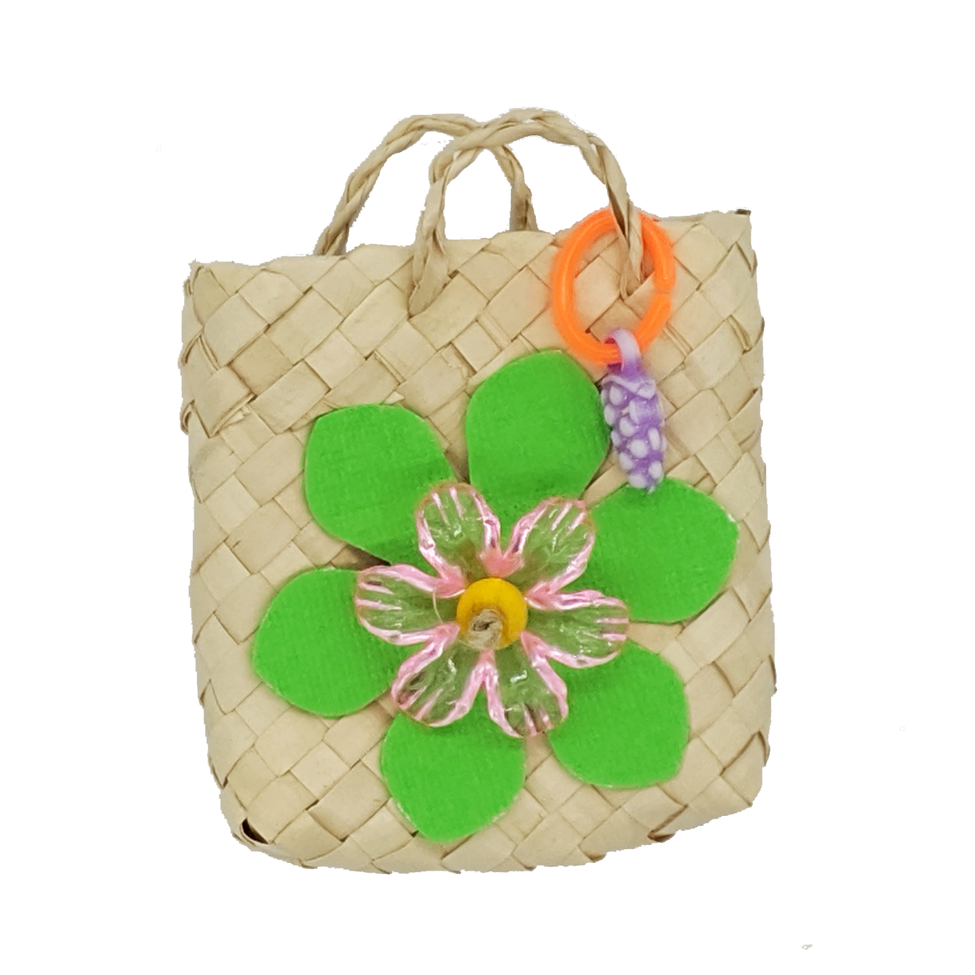 A woven palm bag with cardstock leaves, acrylic flower, and fruit charm. 