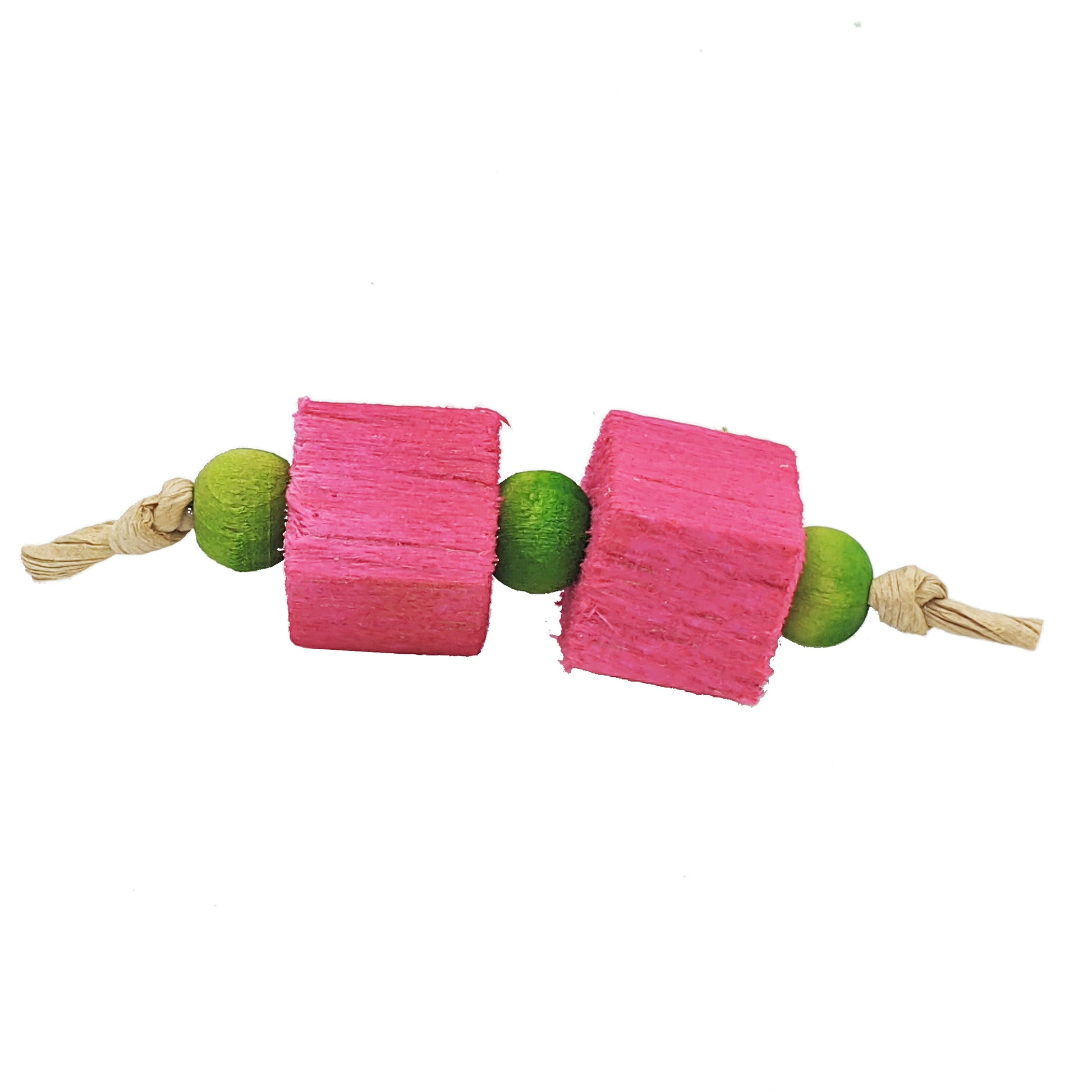 A small foot toy composed of three 8mm wood beads separated by two 1/2" balsa blocks. 