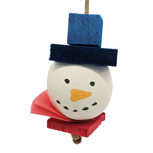 Chilly by Lil Monsters Bird Toys. A snowman themed foraging toy for birds. Made with a pod cup, pine, balsa, and food grade dye features