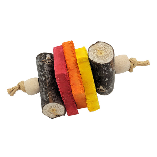 Cinder by Lil Monsters Bird Toys. Made with cottonwood logs, pine slices, and wooden barrel beads. 
