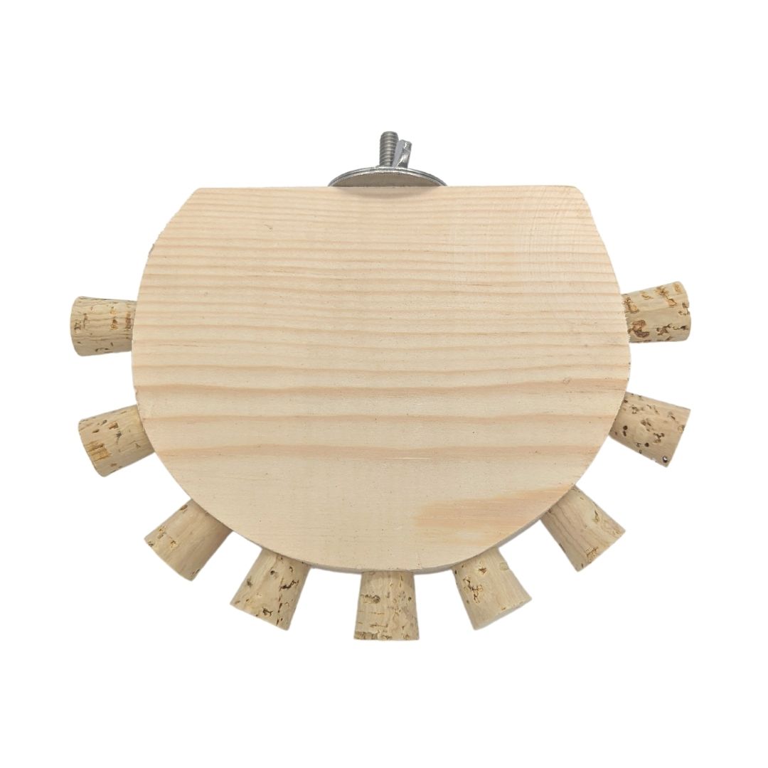 Cork Nook by Lil Monsters Bird Toys. A half circle piece of pine embedded with cork stoppers along the edge, with stainless steel hardware. 