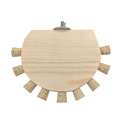 Cork Nook by Lil Monsters Bird Toys. A half circle piece of pine embedded with cork stoppers along the edge, with stainless steel hardware. 