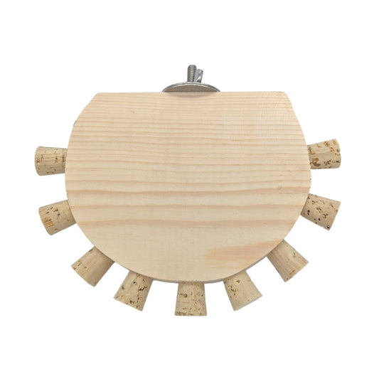 Cork Nook by Lil Monsters Bird Toys. A half circle piece of pine embedded with cork stoppers along the edge, with stainless steel hardware. 