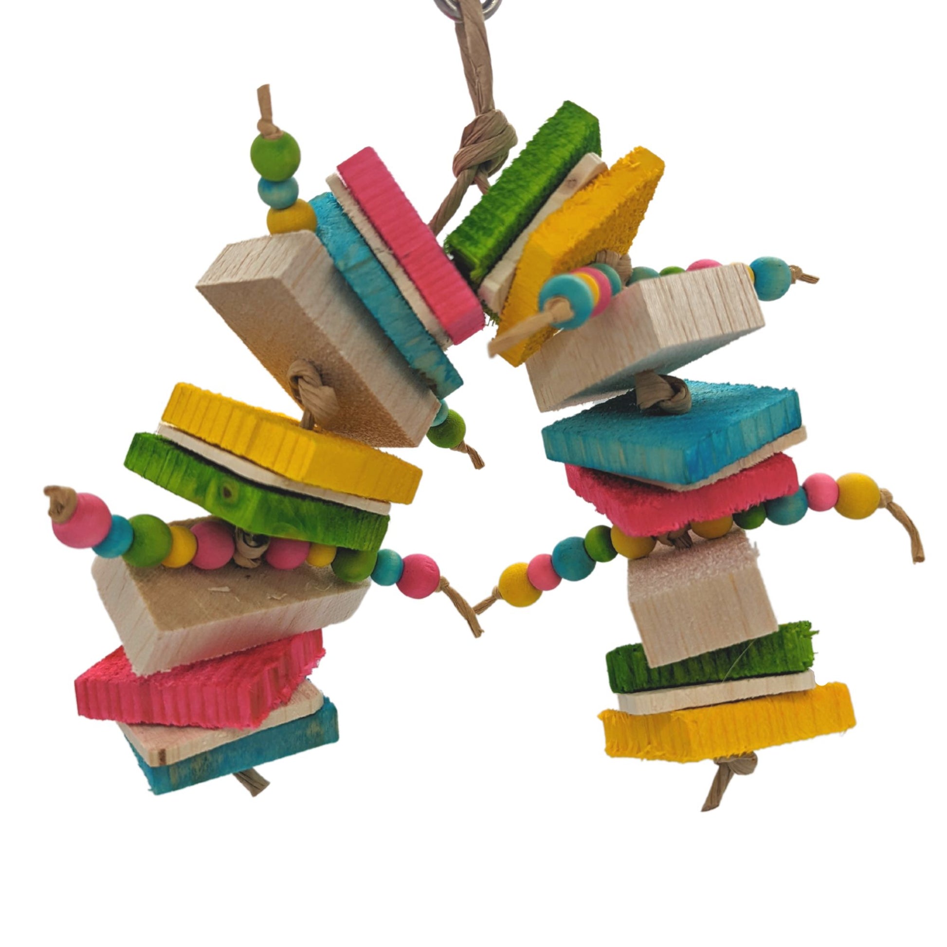A bird toy with alternating slats of balsa and thin pine, accented with small wooden beads