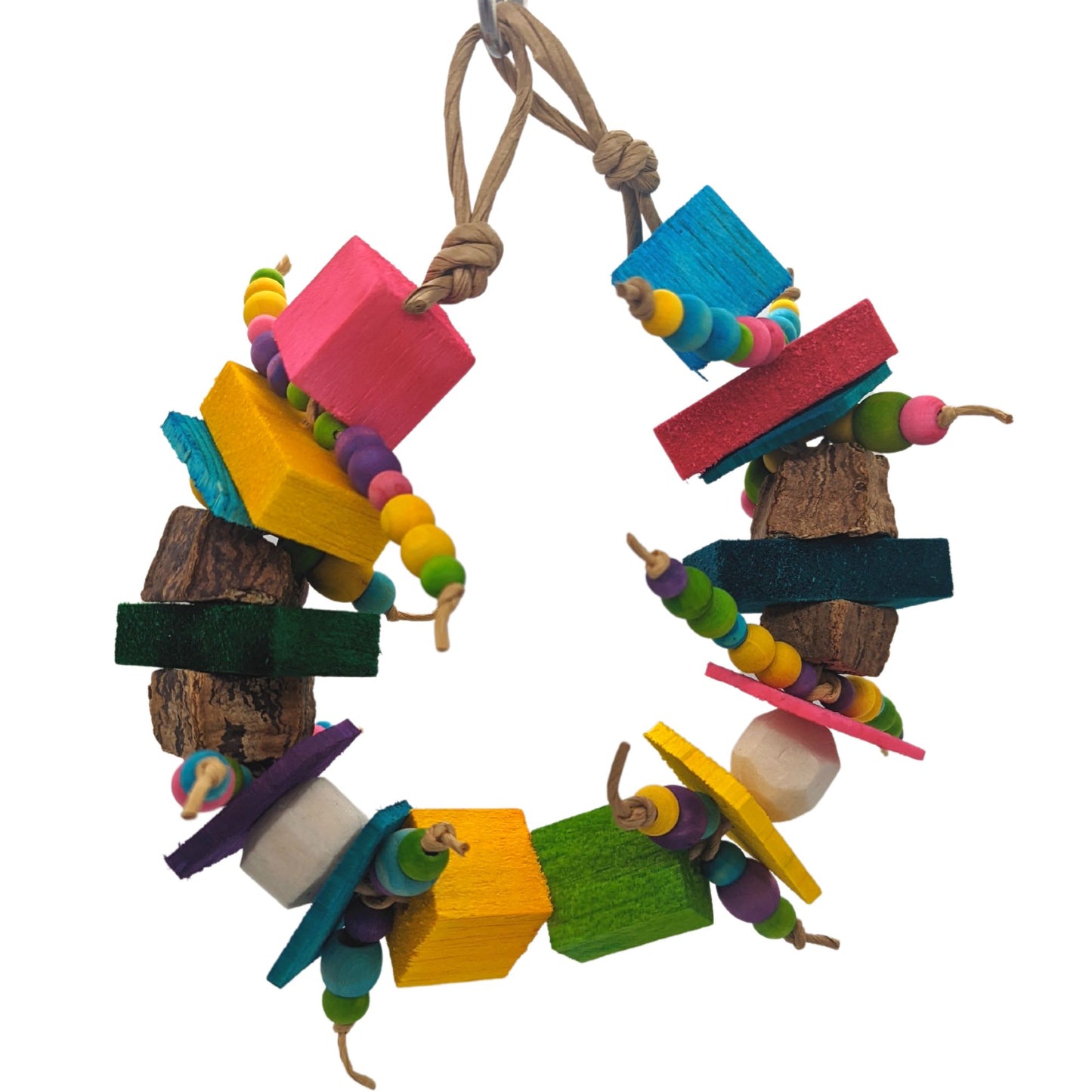 Cravings by Lil Monsters Bird Toys. A colorful bird toy made of wood beads, balsa, sola, mahogany, and thin pine, hung by both ends on one hook. 