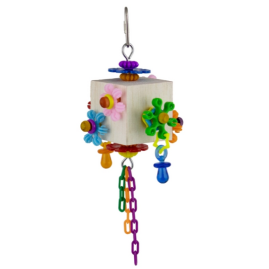 Dancing Daisies by Super Bird Creations. A colorful bird toy consisting of a balsa block with daisy rings, beads, and pacifiers, along with dangling plastic chains.