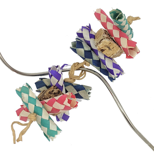 Digit by Lil Monsters Bird Toys. Made with finger traps, mahogany pods, and paper rope. 